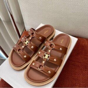 CELINE Paris Brown Triomphe Slides with Shoe Box